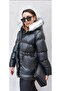Women's Hooded Fur Puffer Leather Coat - 2