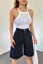 Women's High Waist Bermuda Wide Leg Denim Shorts Black - 2