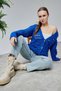 Women's Knitwear Cardigan Flower Embroidered Perforated Standard Size Cobalt Blue - 5