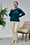 Women's Polo Neck Oversize Striped 4 Button Knitwear Sweater Green - 7