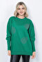 Women's Knitwear Sweater Crew Neck Leaf Patterned Sleeve Jewelled Oversize Green - 8