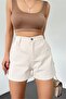 Women's High-Waisted Wide-Leg Pleated Pocketed Denim Shorts, Cream - 5