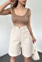 Women's High Waist Bermuda Wide Leg Denim Shorts Cream - 4