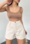 Women's High-Waisted Wide-Leg Pleated Pocketed Denim Shorts, Cream - 2