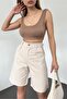 Women's High Waist Bermuda Wide Leg Denim Shorts Cream - 3