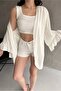 Women's Flounce Sleeves Three Quarter Sleeve Spring Cardigan Cream - 2