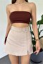 Women's Denim Back Double Pocket Mini Shorts Skirt Beige - 3