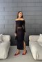 Women's Madonna Collar Slit Tulle Detailed Long Dress Black - 5