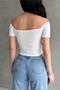 Women Short Sleeve Boat Neck Flower Detail Crop Blouse White - 5
