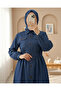 Denim Dress with Elasticated Cuffs, Button-Down Front, and Double Pockets - Indigo - 2