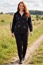 Women's Large Size Spiral Stone Detailed Hooded Black Tracksuit Set