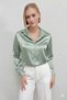 Women's Green Lightly Draped Satin Surface Shirt Hzl22w-bd139641 - 3