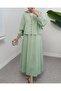 Sleeve-Tie Dress with Buttoned Front and Skirt -A.Green - 4