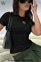 Women's Black Crew Neck Stretch Fabric Watermelon Sleeve Body Crop T-Shirt Summer Stretchy Fabric - 2