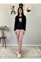 Women's Love You Printed Panda Patterned Pajama Set (Pink-Black) - 2