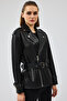 Zendaya Women's Black Belt Detailed Biker Leather Jacket 24Wgd5226Ve - 4