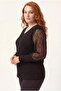 Women's Wide Size Sleeves Transparent Suede Branch Detail Black Blouse - 4