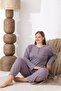 طقم بيجامة نسائي شتوي مقاس كبير منقوش ومطرز بأزرار وأكمام طويلة - 7