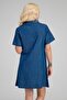 Women's Indigo Half Placket Zipper Short Sleeve Shirt Collar Slim Jeans Dress - 7