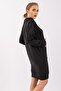 Women's Anthracite Wool Viscose Fabric Faux Leather Combination Pleated Collar Dress - 4