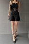 Women's High Waist Wide Leg Bird Eye Belted Double Pocket Mom Shorts Black