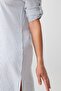 Women's striped cotton button-down shirt dress with pockets - blue & ecru - 6