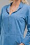 Women's Indigo Stand Collar Zippered Sleeve Buttoned Wide Cuff Pocket Thin Denim Dress - 3