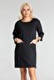 Women's Three Quarter Sleeve Crew Neck Dress with Pockets Black Front Pocket - 2