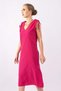 Women's Fuchsia Color Pocketed Shoulder Gathered Slit V-Neck Linen Look Cotton Dress - 3
