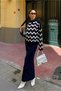 Women's Half-High Collar Zigzag Pattern Sweater and Sleeveless V-Neck Long Dress Bottom-Top Knitwear Set Navy Blue