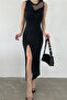 Women's Tulle Collar Detailed Sleeveless Slit Long Dress Black - 7