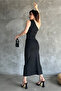Women's One Shoulder Gather Detailed Slit Long Dress Black - 4