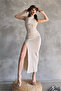 Women's One Shoulder Gather Detailed Slit Long Dress Beige - 5