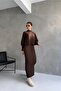Women's Half High Collar Bat Sleeve Blouse and Slit Long Skirt Textured Top and Bottom Set Coffee