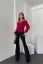 Women's Boat Neck Long Sleeve Cut Out Detailed Blouse Claret Red - 2