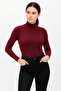 Women's Half Turtleneck Long Sleeve Ribbed Knit Corded Fabric Claret Red Blouse - Novelle