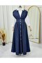 Button-Through V-Neck Sleeveless Denim Pinafore - Navy - 3