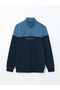 Navy Blue Stand Collar Long Sleeve Color Block Men's Sweatshirt - 5