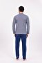 Men's Navy Blue Buttoned Design Long Sleeve Cotton Pajama Set - 7