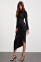 Claudia Women's Drape Semi-Shiny Stretchy Fabric Asymmetrical Long Sleeve Maxi Black Dress - 4