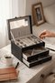 Black Color Mirror Detailed Leather Jewelry Organizer with Drawers