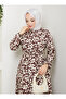 Leaf Patterned Viscose Dress - Brown - - 5