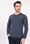 Men's Navy Blue Design V-Neck Long Sleeve Cotton Pajama Set - 5