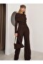 Women's Shoulder Drape Detailed Corded Fabric Long Sleeve Blouse Brown Wide Leg Pants Two-Piece Suit 389 - 3