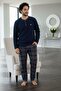 Navy Blue Green Plaid Patterned Fleece Men's Pajama Set - 5
