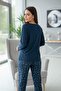Navy Blue Abstract Floral Pattern Long Sleeve Bamboo Knitted Women's Pajama Set - 6