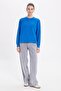 Women's Oversized Wide Cut 100% Cotton 3 Thread Basic Navy Blue Crew Neck Sweatshirt - 4