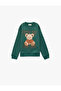 Three Thread Teddy Bear Printed Long Sleeve Crew Neck Sweatshirt