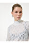 Long Balloon Sleeve Ruffled Stand Collar Lace Blouse - 2