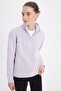 Women's relax fit comfortable cut cotton inside fleece half zipper lilac d Mock Neck sweatshirt - 5